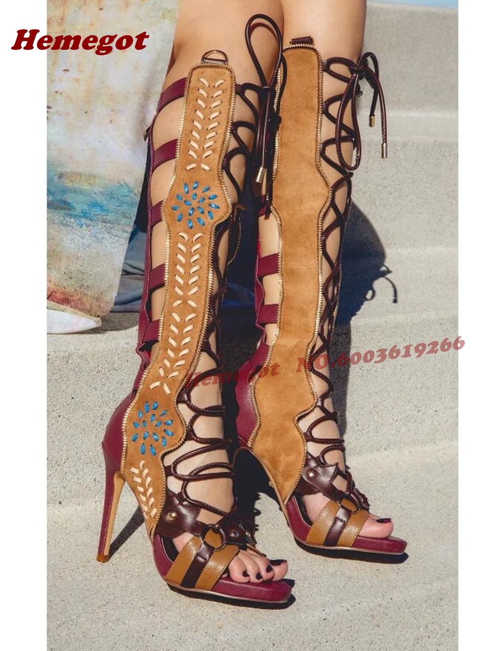 Knee High Boots Women - Bohemian Embroidered Gladiator Knee-High Stiletto Sandal