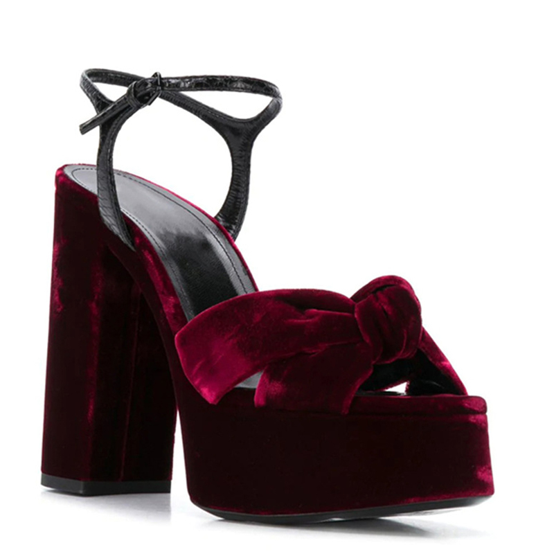 Burgundy Velvet Knot Peep Toe  - مراجعة Women'S Shoes Burgundy وسعره