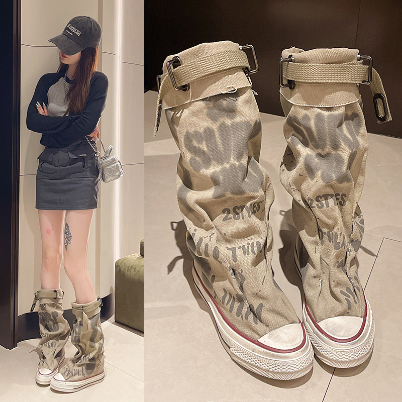 Graffiti High Top Canvas Shoes - مراجعة Knee High Boots Women وسعره